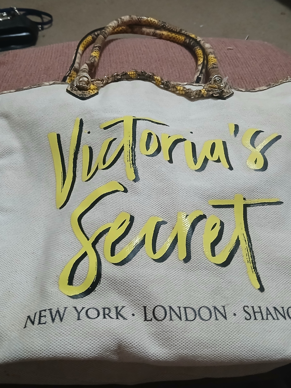 Victoria's Secret Cream Canvas Tote with Yellow Logo and Black Accents